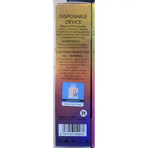 Photo de l’avis officiel: RENdM TORNADO 25000 Cigarette électronique jetable — risque: Risque chimique (SR/00512/25)