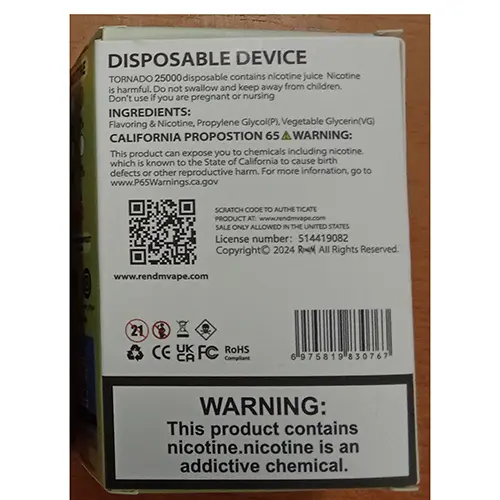 Photo de l’avis officiel: RENdM TORNADO Cigarette électronique jetable — risque: Risque chimique (SR/00548/25)
