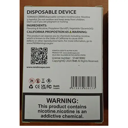 Photo de l’avis officiel: RENdM TORNADO Cigarette électronique jetable — risque: Risque chimique (SR/00554/25)