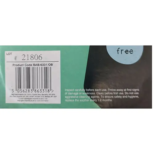 Foto aus der offiziellen Meldung: 123 Baby Essentials Orthodontic Style Soothers 2 Pack Schnullerset — Risiko: Chemikalie & Ersticken