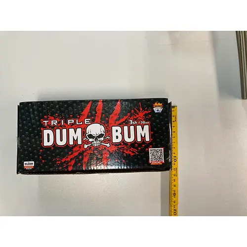 Photo from the official notice: KLASEK PYROTECHNICS Triple Dum Bum fireworks — burns & damage to hearing risk
