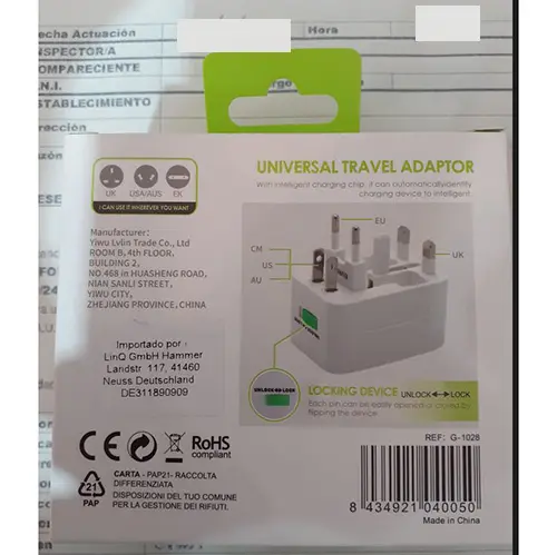Photo de l’avis officiel: GREEN LYCA Adaptateur de voyage — risque: Brûlures & Choc électrique