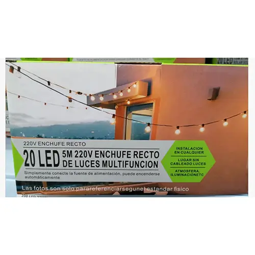 Photo from the official notice: GUIRNALDA 20 LED, 5M, 220V, ENCHUFE RECTO DE LUCES MULTIFUNCIÓN lighting chain — burns & electric shock risk