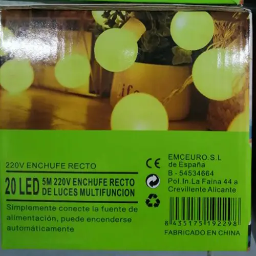 Photo from the official notice: GUIRNALDA 20 LED, 5M, 220V, ENCHUFE RECTO DE LUCES MULTIFUNCIÓN lighting chain — burns & electric shock risk