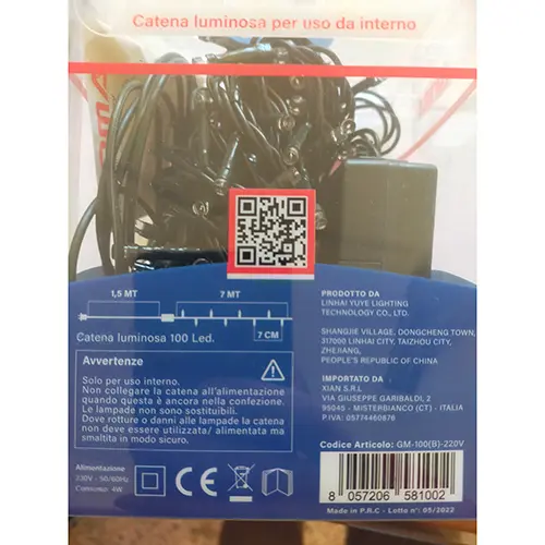 Photo de l’avis officiel: GINMA 100 Led Chaîne d'éclairage — risque: Choc électrique & Incendie (SR/00834/25)
