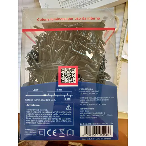 Photo from the official notice: GINMA XN-8110 lighting chain — electric shock & fire risk