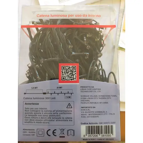 Photo from the official notice: GINMA 300 led lighting chain — electric shock & fire risk (SR/00821/25)