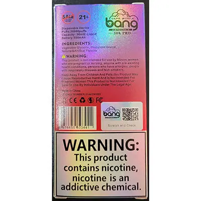 Photo de l’avis officiel: bang VAPE WITH A bang DISPOSABLE 30K PRO Cigarette électronique jetable — risque: Risque chimique (SR/00892/25)