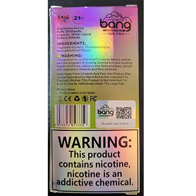 Photo from the official notice: bang VAPE WITH A bang DISPOSABLE 30K disposable electronic cigarette — chemical risk