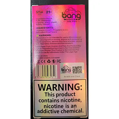 Photo de l’avis officiel: bang VAPE WITH A bang DISPOSABLE 30K PRO Cigarette électronique jetable — risque: Risque chimique (SR/00889/25)