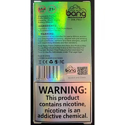 Foto del aviso oficial: bang VAPE WITH A bang DISPOSABLE 30K PRO Cigarrillo electrónico desechable — riesgo: Riesgos químicos (SR/00888/25)