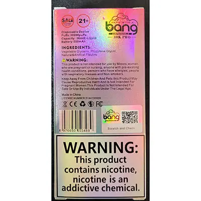 Photo de l’avis officiel: bang VAPE WITH A bang 30K PRO DISPOSABLE Cigarette électronique jetable — risque: Risque chimique