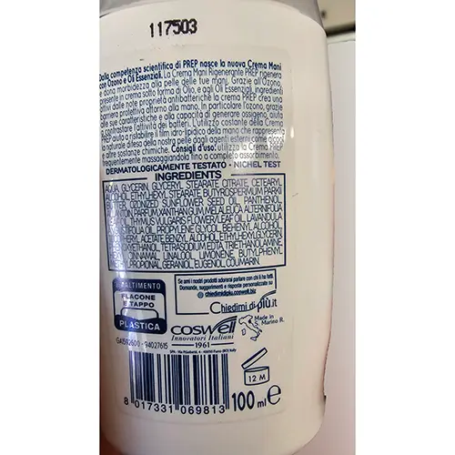 Foto dell’avviso ufficiale: Prep Crema mani rigenerante Crema per le mani — rischio: Rischio chimico