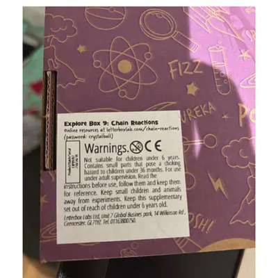 Photo from the official notice: Letterbox Lab Explore Box 9 Chain Reactions experimental toy set — choking & injuries risk