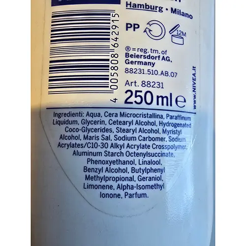 Foto dell’avviso ufficiale: Nivea Sotto la doccia balsamo corpo Balsamo per il corpo — rischio: Rischio chimico