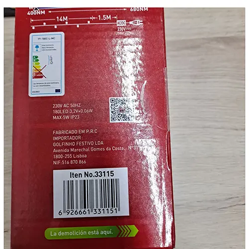 Photo de l’avis officiel: Tengda 180L GUIRNALDA Chaîne d'éclairage — risque: Brûlures & Choc électrique