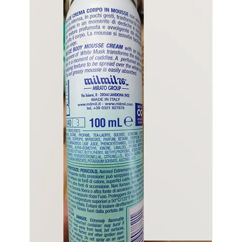Photo de l’avis officiel: MilMil 76 Invito muschio bianco Mousse pour le corps — risque: Risque chimique