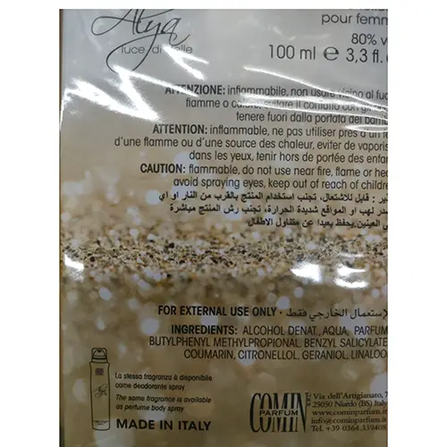 Foto dell’avviso ufficiale: Comin parfum Alya luce di stelle Eau de toilette — rischio: Rischio chimico (SR/01283/25)