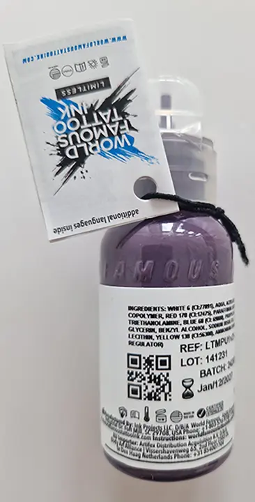 Photo from the official notice: WORLD FAMOUS Tattoo Ink Limitless Medium purple 1v2 — chemical risk
