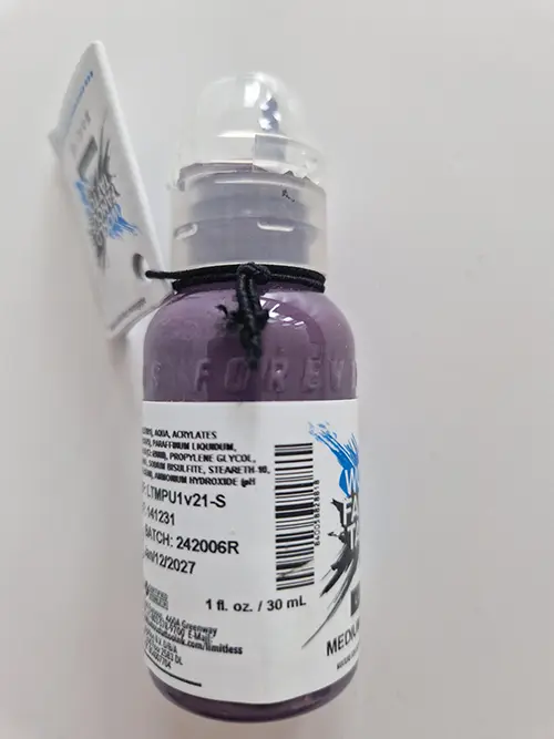 Photo from the official notice: WORLD FAMOUS Tattoo Ink Limitless Medium purple 1v2 — chemical risk