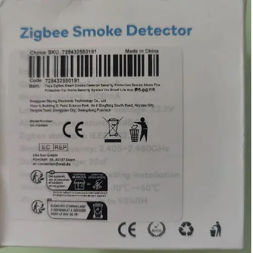 Photo from the official notice: ZIGBEE Zigbee Smoke Detector — suffocation & fire risk