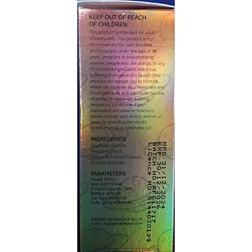 Photo de l’avis officiel: RUNFREE TORNADO 9000 NICOTINE 5% Cigarette électronique jetable — risque: Risque chimique