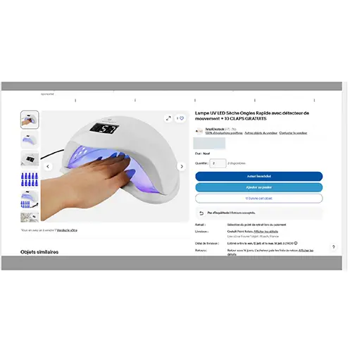 Foto aus der offiziellen Meldung: BEAUTYLUSHH Lampe UV Led Sèche ongle rapide avec détecteur de mouvements + 10 claps gratuits UV-Nagelleuchte — Risiko: Elektrischer Schlag