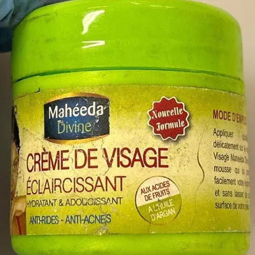 Photo from the official notice: Crème de Visage Éclaircissante, Mahéeda Divine, 100grs skin lightening cream — chemical risk