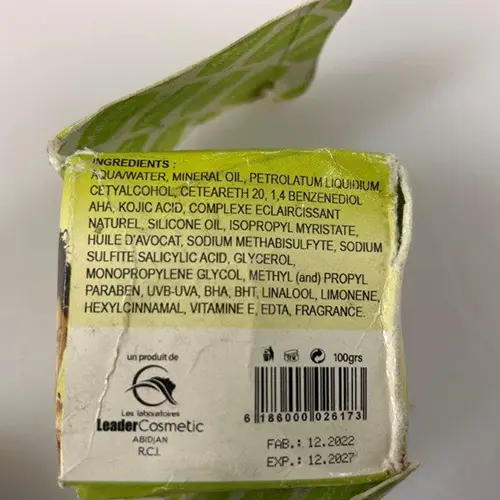 Photo from the official notice: Crème de Visage Éclaircissante, Mahéeda Divine, 100grs skin lightening cream — chemical risk