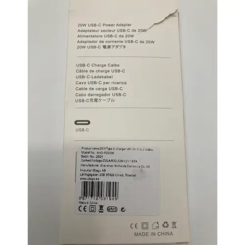 Foto uit de officiële melding: 20W Power Adapter USB-C Charge Cable Lader — risico: Milieu
