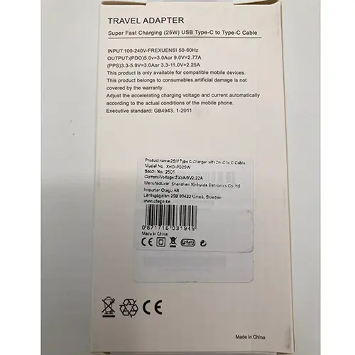 Foto uit de officiële melding: 25W PD Adapter USB-oplader — risico: Milieu