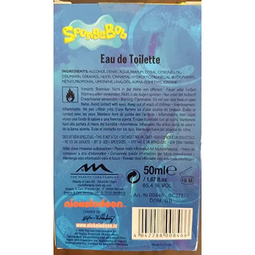 Photo de l’avis officiel: Nickelodeon Spongebob Eau de toilette — risque: Risque chimique