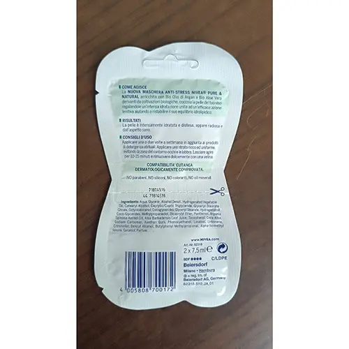 Photo de l’avis officiel: Nivea Maschera anti stress pure &amp; natural Masque pour le visage — risque: Risque chimique