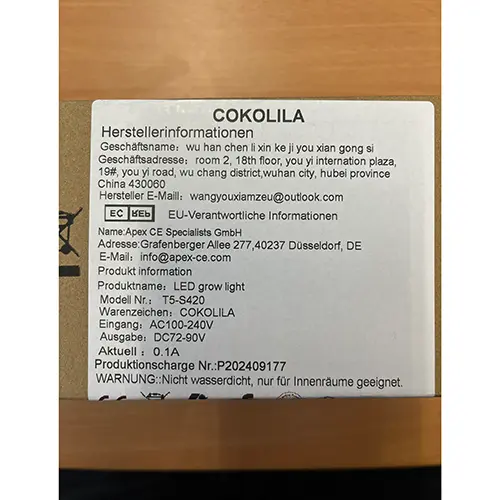Foto do aviso oficial: COKOLILA Pflanzenlampe LED Crescer luz — risco: Choque elétrico (SR/01942/25)