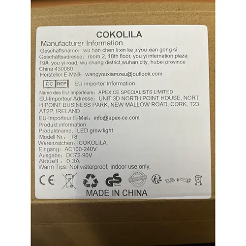 Photo from the official notice: COKOLILA Pflanzenlampe LED grow light — electric shock risk (SR/01868/25)