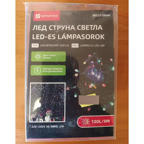 Photo from the official notice: Starpie LED_ES LÁMPASOROK, LED RETAZOVÉ SVETLA 100L/9M lighting chain — electric shock risk