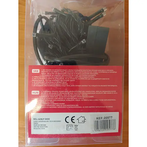 Photo from the official notice: Starpie LED_ES LÁMPASOROK, LED RETAZOVÉ SVETLA 100L/9M lighting chain — electric shock risk