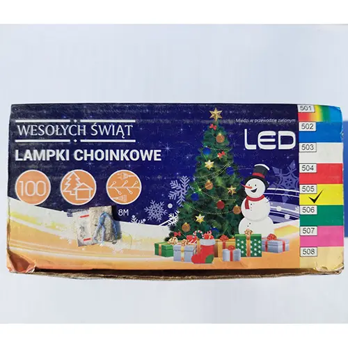 Foto aus der offiziellen Meldung: WESOLYCH SWIAT / LAMPKI CHOINKOWE LED 100 8M Beleuchtungskette — Risiko: Elektrischer Schlag