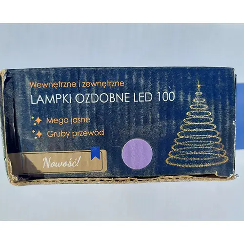Foto dell’avviso ufficiale: LAMPKI OZDOBNE LED 100 (LAMPKI CHOINKOWE - on the label) Catena di illuminazione — rischio: Scossa elettrica