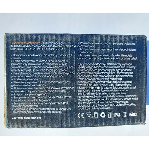 Foto dell’avviso ufficiale: LAMPKI OZDOBNE LED 100 (LAMPKI CHOINKOWE - on the label) Catena di illuminazione — rischio: Scossa elettrica