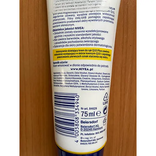Photo de l’avis officiel: Nivea Q10 plus Crème pour les mains — risque: Risque chimique