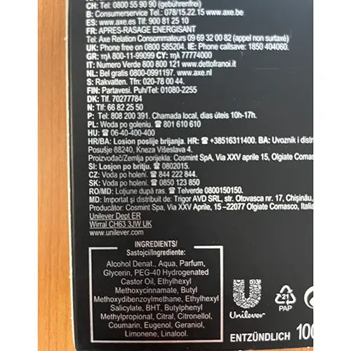 Foto dell’avviso ufficiale: Axe Black Dopobarba — rischio: Rischio chimico (SR/02163/25)