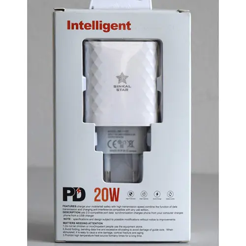 Photo from the official notice: SINKAL STAR USB CHARGER PD 20W (on the box), PD quick charger 20W (on the product) — electric shock risk