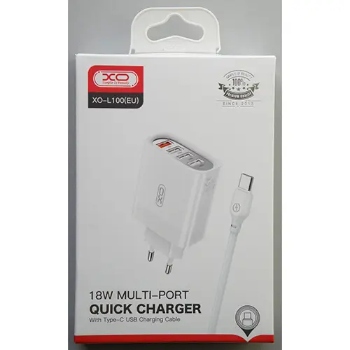 Foto aus der offiziellen Meldung: XO 18W MULTI-PORT QUICK CHARGER With Type-C USB Charging Cable (on the box) USB-Ladegerät — Risiko: Elektrischer Schlag