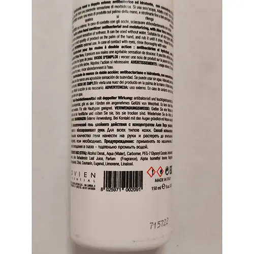 Foto aus der offiziellen Meldung: Lovien Essential Aloe Hands Protection Handdesinfektionsmittel — Risiko: Chemikalie