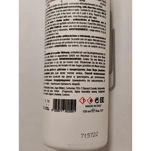 Foto aus der offiziellen Meldung: Lovien Essential Aloe Hands Protection Handdesinfektionsmittel — Risiko: Chemikalie