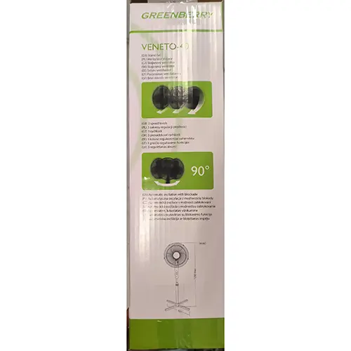 Foto aus der offiziellen Meldung: GREENBERRY Stand fan Elektrischer Ventilator — Risiko: Schnittwunden & Elektrischer Schlag