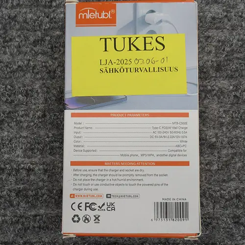Photo de l’avis officiel: mietubl 20W PD Chargeur USB — risque: Choc électrique