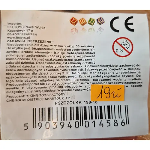 Photo from the official notice: Pszczolka plastic toy — choking & cuts risk