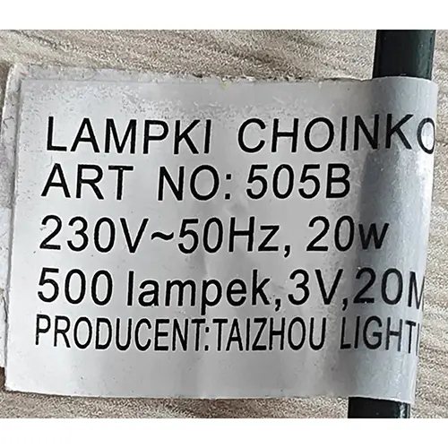 Photo de l’avis officiel: lampki choinkowe Chaîne d'éclairage — risque: Choc électrique (SR/02437/25)